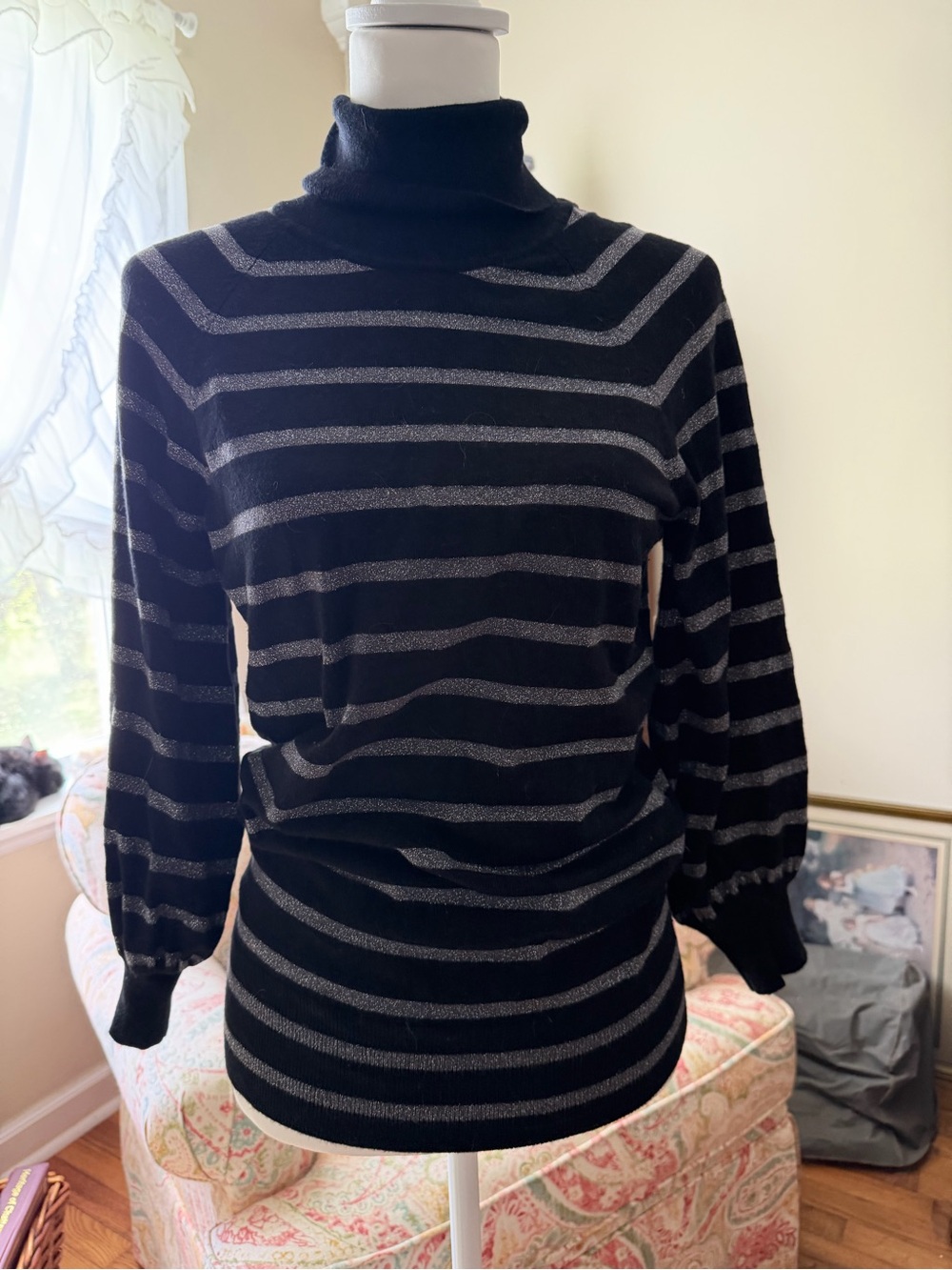 Express Design Studio Striped Black & Silver Turtleneck Sweater